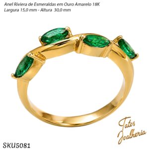 Anel Riviera de Esmeraldas em Ouro Amarelo 18K